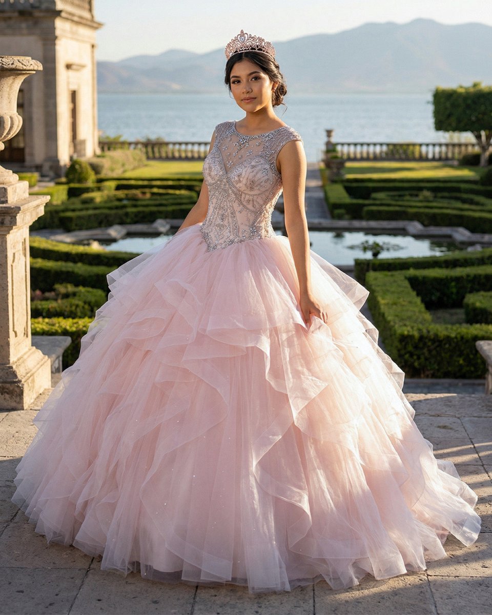 Ball Gown See Through Neck Tulle Blush Pink Quinceanera Dresses - Curvevia