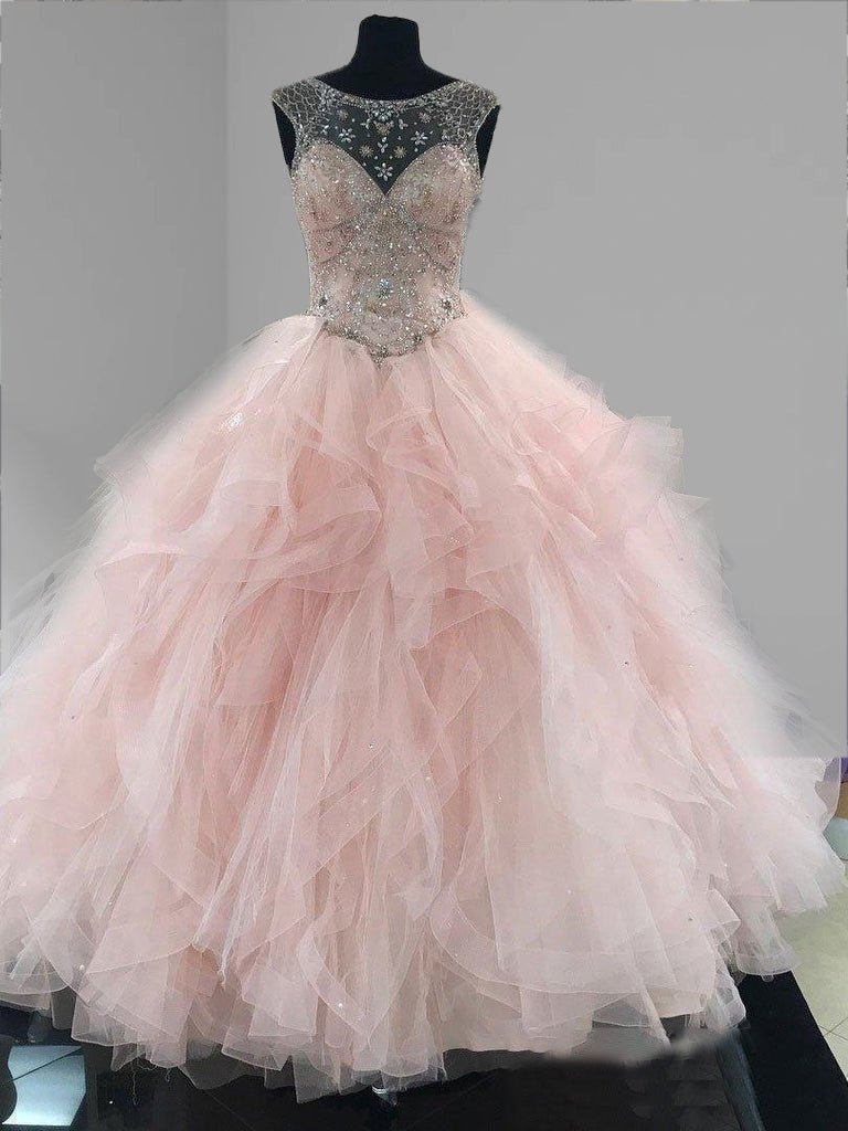 Ball Gown See Through Neck Tulle Blush Pink Quinceanera Dresses - Curvevia