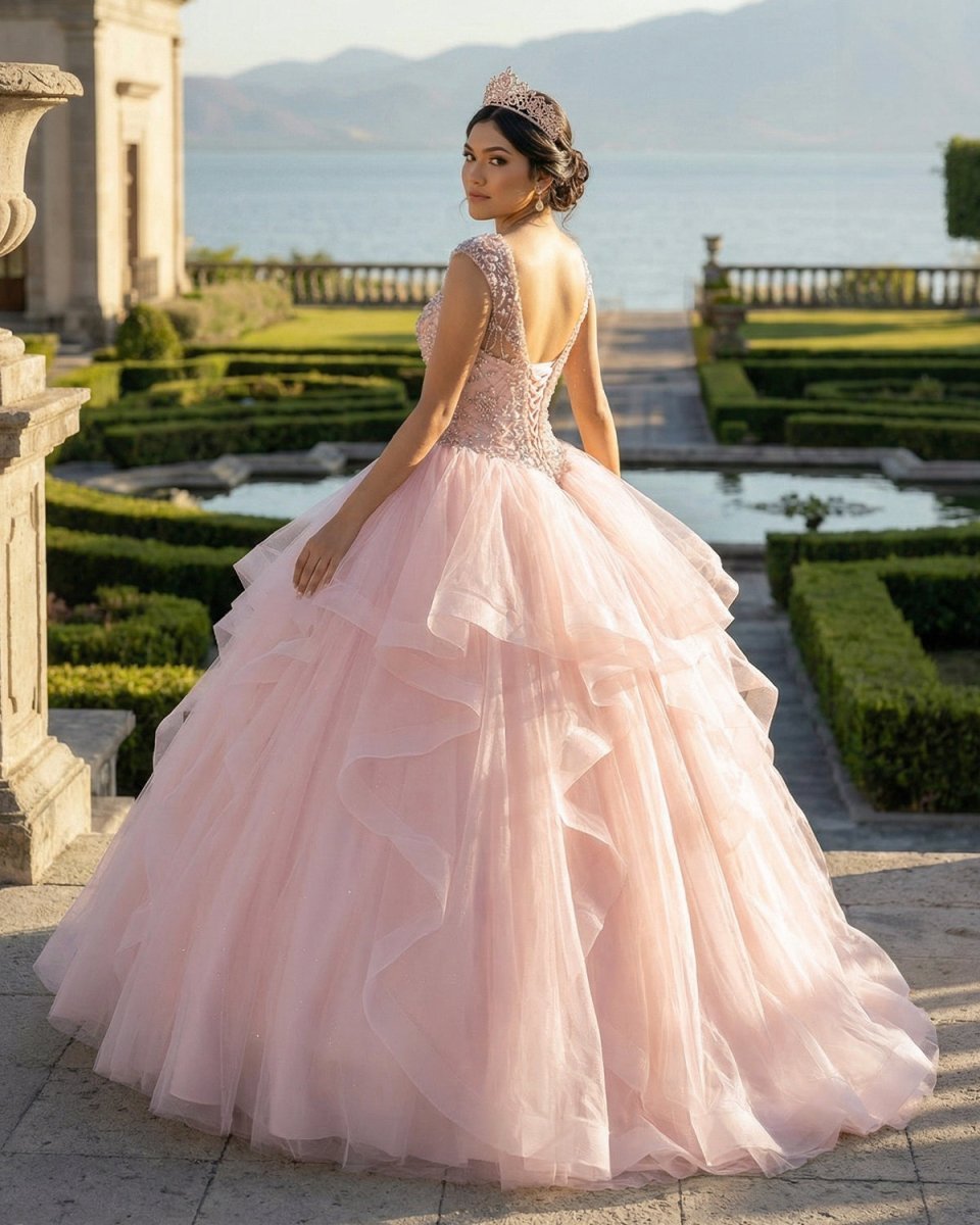 Ball Gown See Through Neck Tulle Blush Pink Quinceanera Dresses - Curvevia
