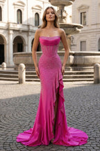 Mermaid Strapless Asymmetrical Beaded Long Evening Dress with Slit - Curvevia