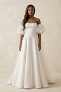 Puff Sleeves Off-the-Shoulder Satin A-Line Wedding Dress in White - Curvevia