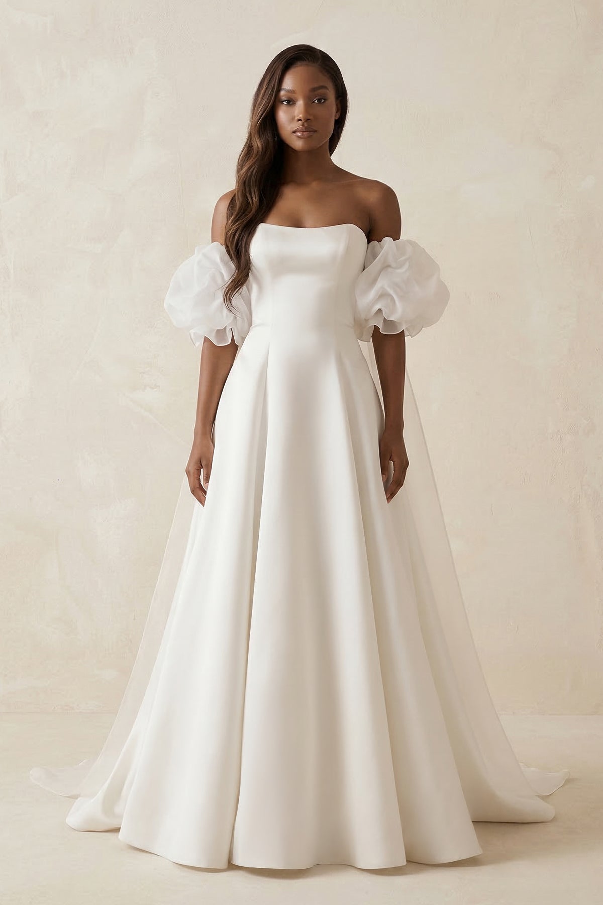 Puff Sleeves Off-the-Shoulder Satin A-Line Wedding Dress in White - Curvevia