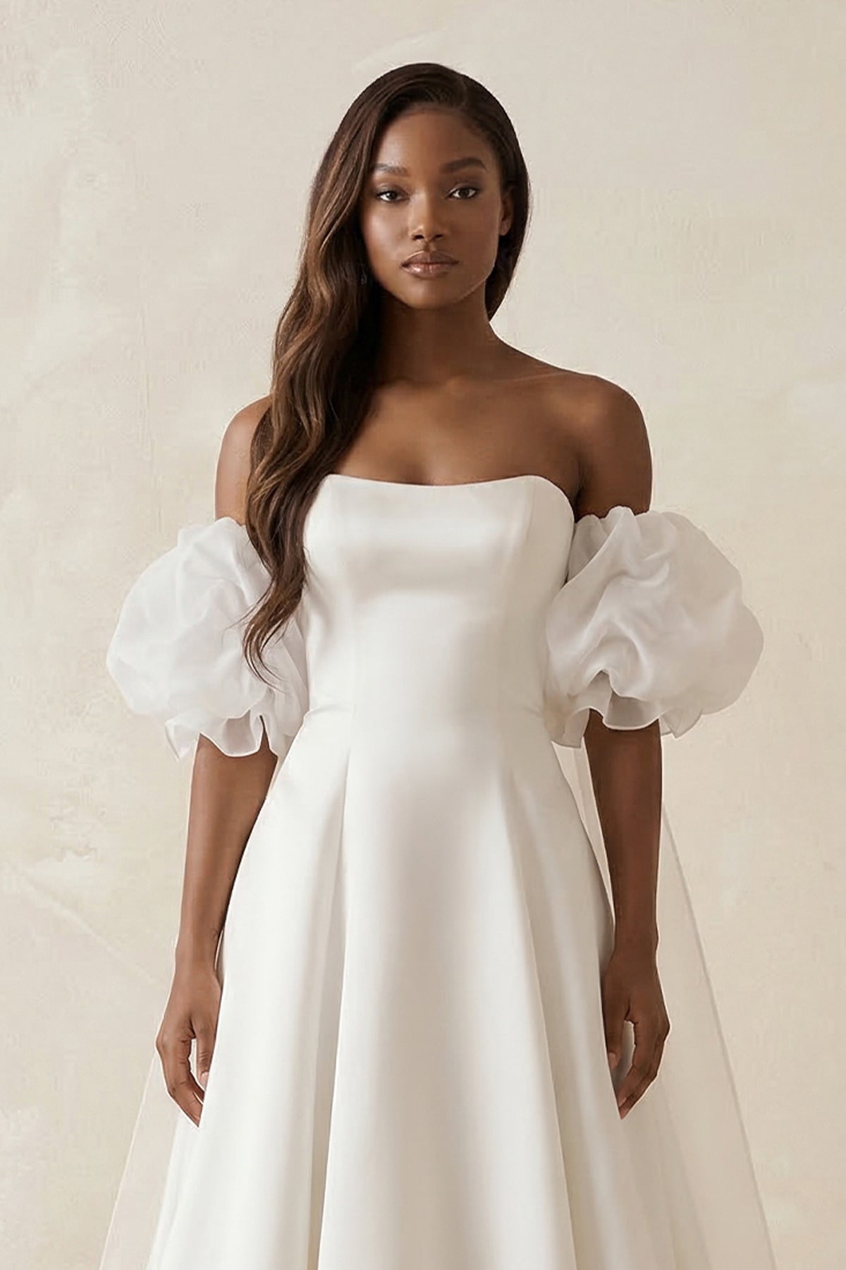 Puff Sleeves Off-the-Shoulder Satin A-Line Wedding Dress in White - Curvevia