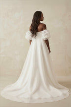 Puff Sleeves Off-the-Shoulder Satin A-Line Wedding Dress in White - Curvevia