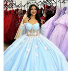 Puffy Blue Organza Ball Gown Beaded Off-the-Shoulder Quinceanera Dress - Curvevia
