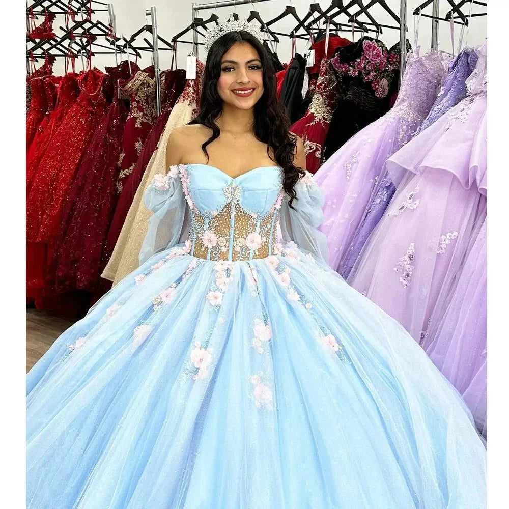Puffy Blue Organza Ball Gown Beaded Off-the-Shoulder Quinceanera Dress - Curvevia