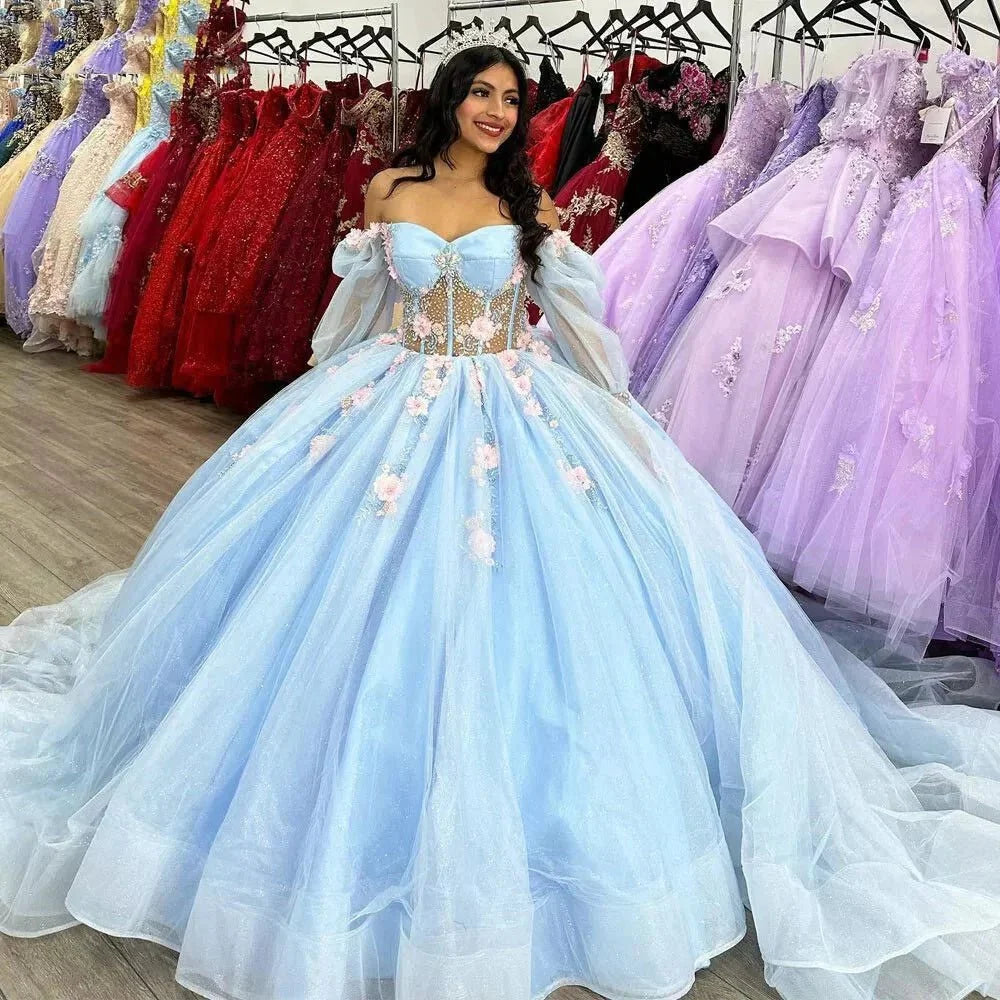 Puffy Blue Organza Ball Gown Beaded Off-the-Shoulder Quinceanera Dress - Curvevia