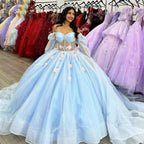 Puffy Blue Organza Ball Gown Beaded Off-the-Shoulder Quinceanera Dress - Curvevia
