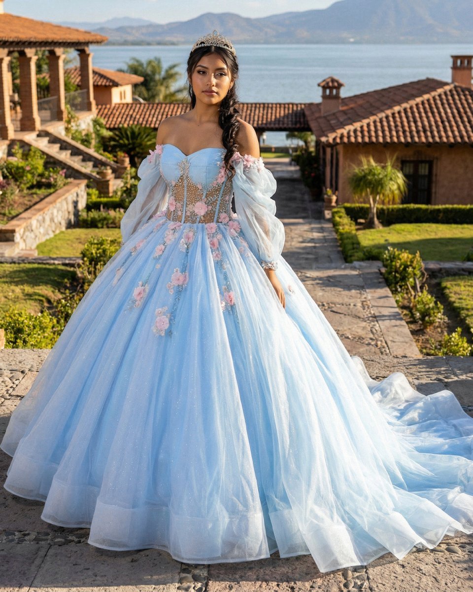 Puffy Blue Organza Ball Gown Beaded Off-the-Shoulder Quinceanera Dress - Curvevia