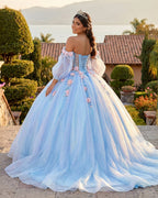 Puffy Blue Organza Ball Gown Beaded Off-the-Shoulder Quinceanera Dress - Curvevia