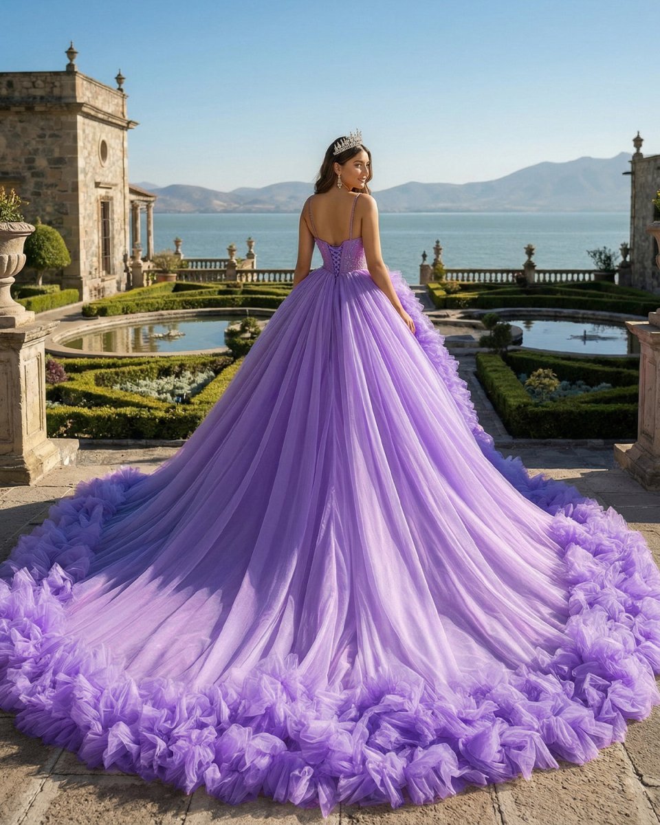 Purple A-line V Neck Tulle Ball Gown Purple Princess Dress - Curvevia