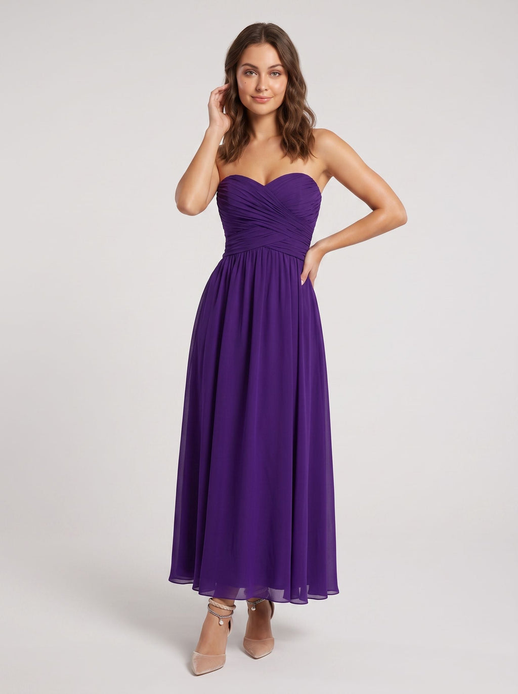 Purple Chiffon A-Line Sweetheart Back Zip Floor-Length Dress with Pleating - Curvevia