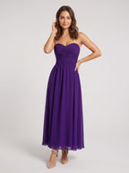 Purple Chiffon A-Line Sweetheart Back Zip Floor-Length Dress with Pleating - Curvevia