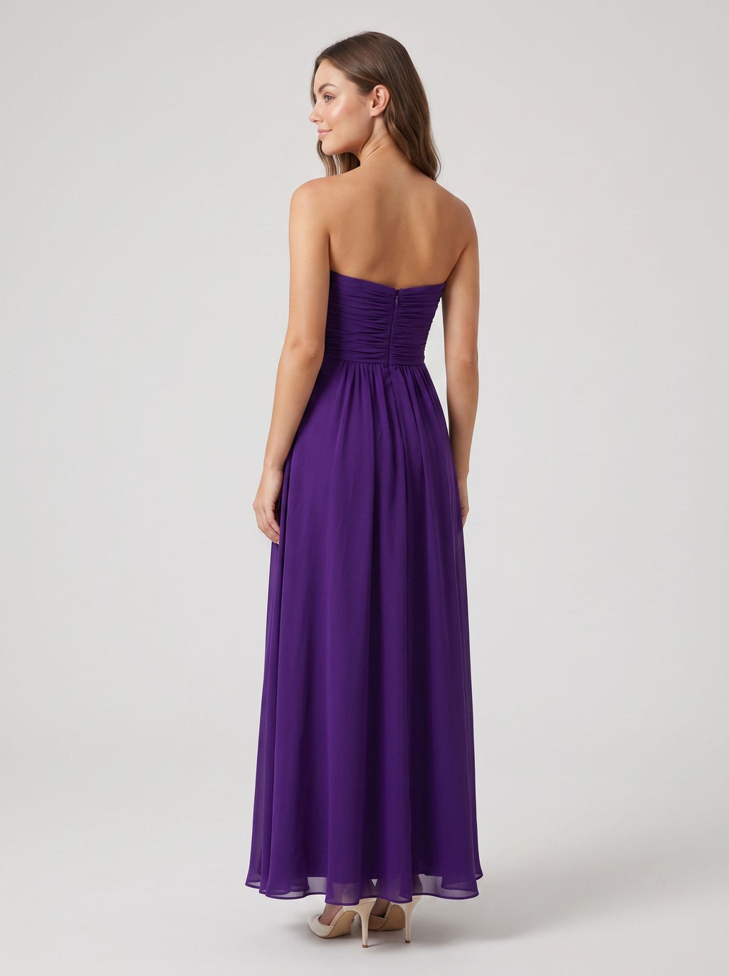 Purple Chiffon A-Line Sweetheart Back Zip Floor-Length Dress with Pleating - Curvevia