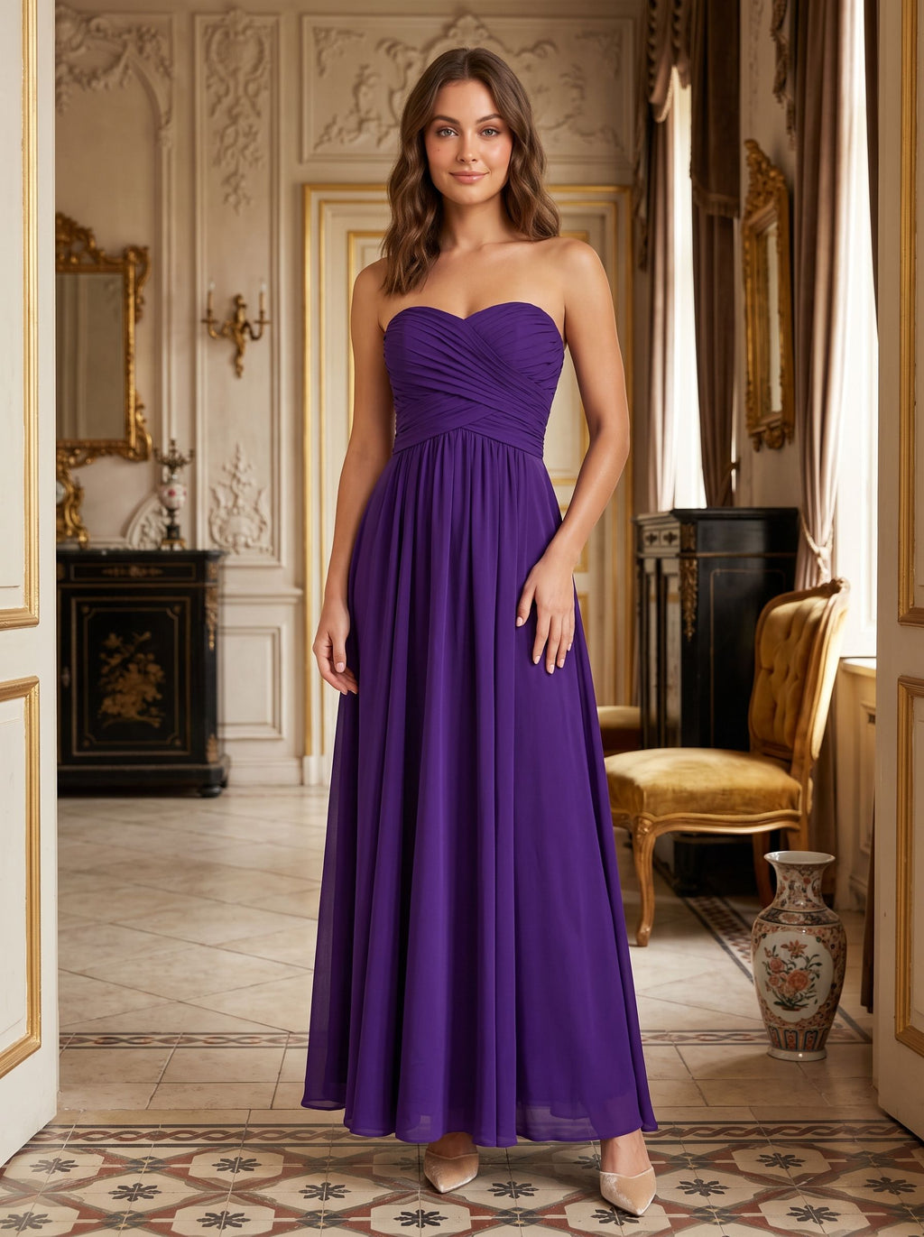 Purple Chiffon A-Line Sweetheart Back Zip Floor-Length Dress with Pleating - Curvevia