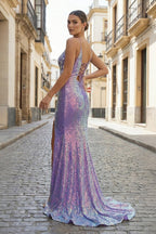 Mermaid Glitter Lavender Floral Long Prom Dress with Slit - Curvevia