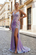 Mermaid Glitter Lavender Floral Long Prom Dress with Slit - Curvevia