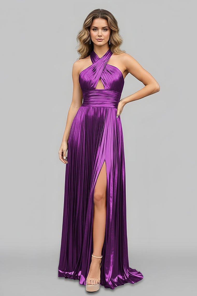 Peacock Blue Halter Neck A-Line Long Evening Dress With Split - Curvevia
