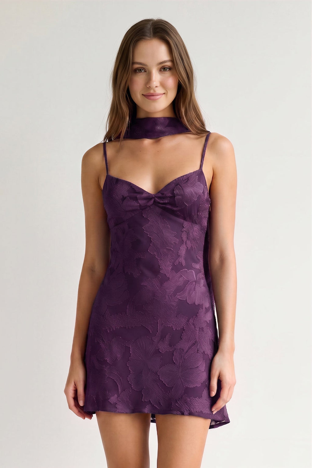 Red Jacquard Chiffon Cami Straps Sheath Homecoming Dress with Scarf - Curvevia