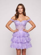 Wisteria Lace A-Line Off-the-Shoulder Back Zip Short Dress with Sequins - Curvevia