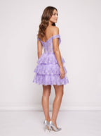 Wisteria Lace A-Line Off-the-Shoulder Back Zip Short Dress with Sequins - Curvevia