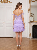 Wisteria Lace A-Line Off-the-Shoulder Back Zip Short Dress with Sequins - Curvevia