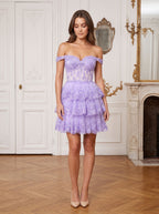 Wisteria Lace A-Line Off-the-Shoulder Back Zip Short Dress with Sequins - Curvevia