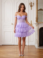 Wisteria Lace A-Line Off-the-Shoulder Back Zip Short Dress with Sequins - Curvevia