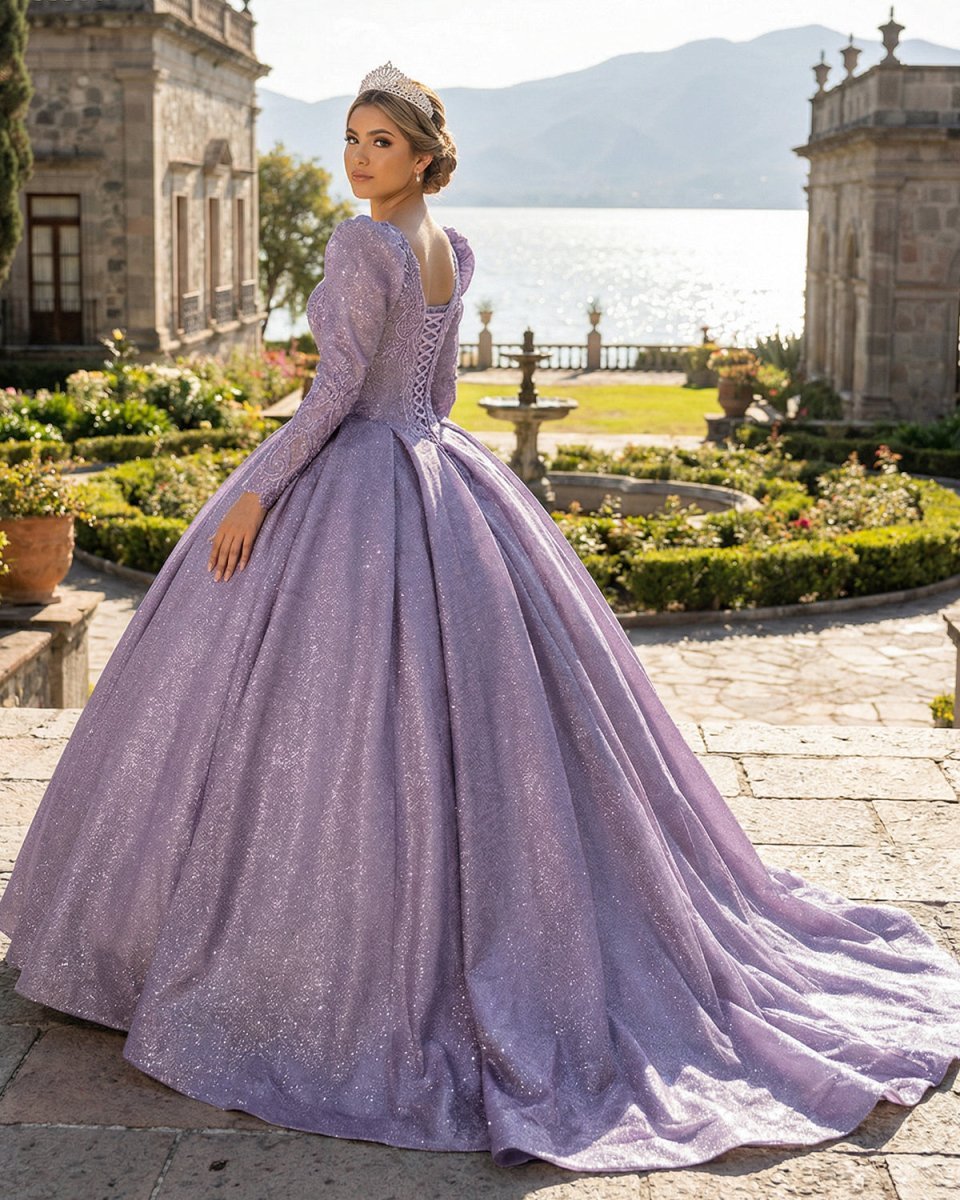 Purple Long Sleeve Full Gather Skirt A Line Party Ball Gown - Curvevia