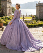 Purple Long Sleeve Full Gather Skirt A Line Party Ball Gown - Curvevia