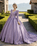 Purple Long Sleeve Full Gather Skirt A Line Party Ball Gown - Curvevia