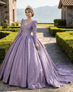 Purple Long Sleeve Full Gather Skirt A Line Party Ball Gown - Curvevia