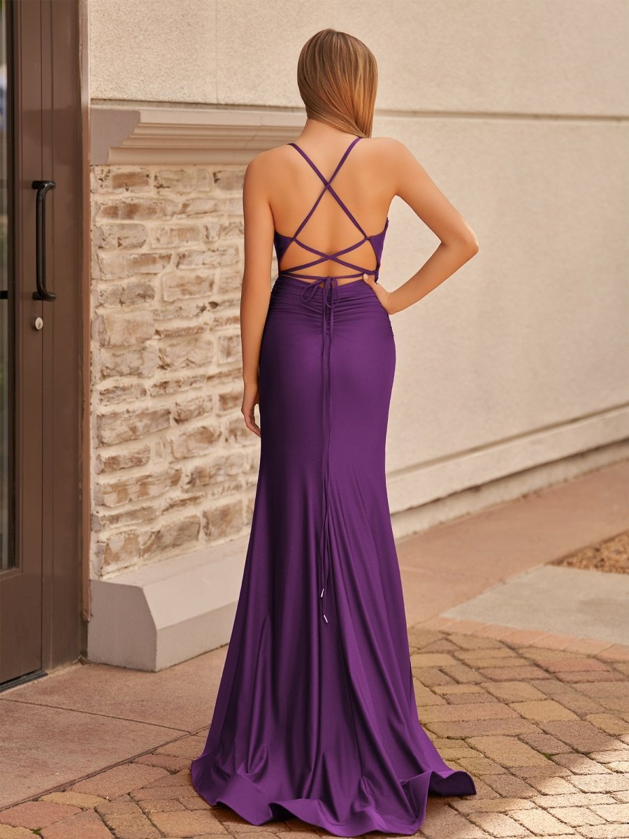Mermaid Spaghetti Straps Satin Prom Dress with Slit - Curvevia