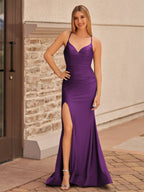 Mermaid Spaghetti Straps Satin Prom Dress with Slit - Curvevia