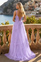 A-line V Neck Lace Tulle Evening Dress With Slit - Curvevia