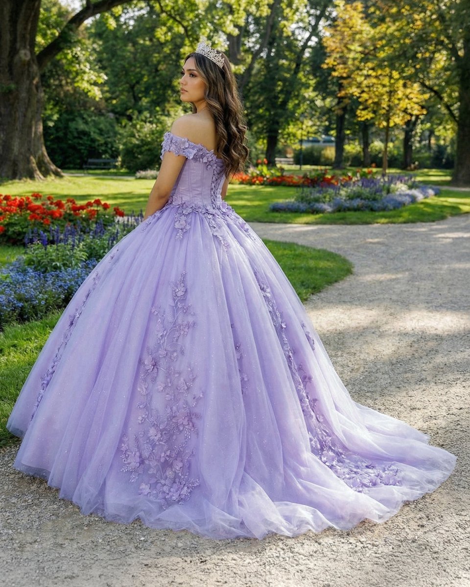 Lavender Off The Shoulder Tulle Appliques Ball Gown Dress - Curvevia