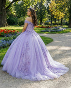 Lavender Off The Shoulder Tulle Appliques Ball Gown Dress - Curvevia