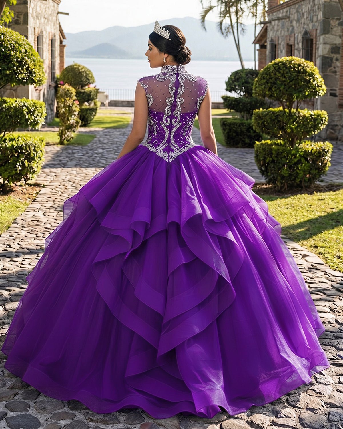 Royal Blue Organza High Neck Quinceanera Dresses Burgundy Prom Dresses - Curvevia
