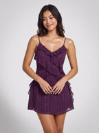 Purple Sequins A-Line V-Neck Side Zip Short Dress with Cascading Ruffles - Curvevia