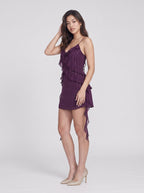 Purple Sequins A-Line V-Neck Side Zip Short Dress with Cascading Ruffles - Curvevia