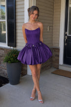 Red - Strapless A Line Satin Short Wedding Guest Dress With Bow - Curvevia