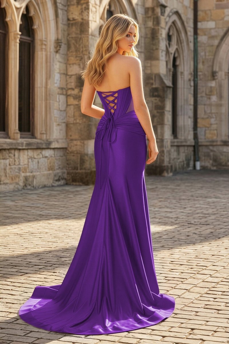 Yellow Sweetheart Mermaid Satin Beaded Long Evening Dress With Slit - Curvevia