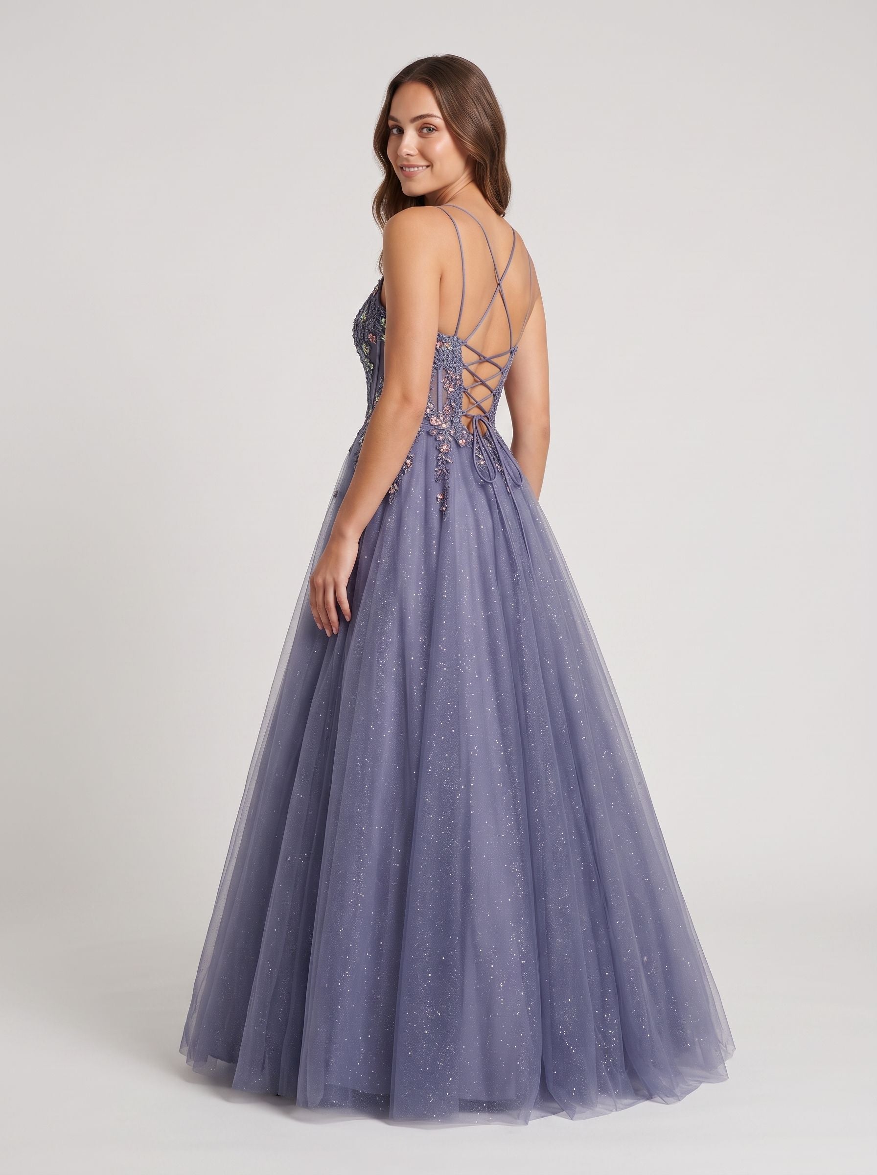 Purple Tulle A-Line V-Neck Backless Floor-Length Dress with Lace Bodice - Curvevia