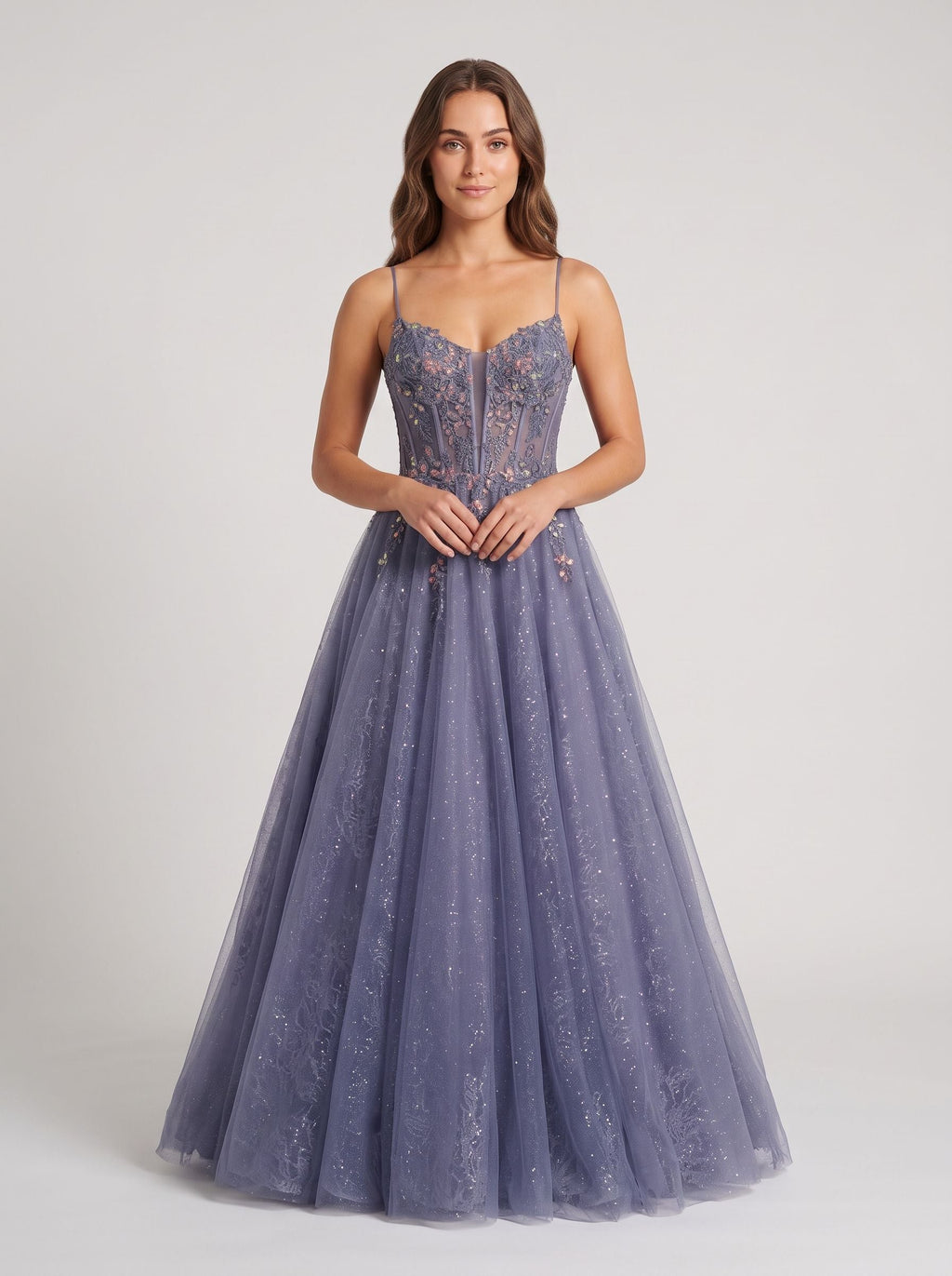 Purple Tulle A-Line V-Neck Backless Floor-Length Dress with Lace Bodice - Curvevia