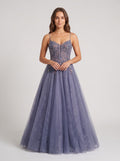 Purple Tulle A-Line V-Neck Backless Floor-Length Dress with Lace Bodice - Curvevia