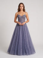 Purple Tulle A-Line V-Neck Backless Floor-Length Dress with Lace Bodice - Curvevia