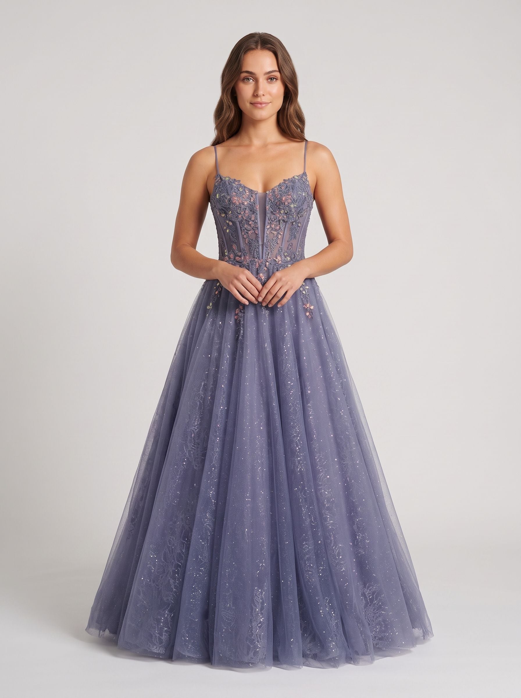 Purple Tulle A-Line V-Neck Backless Floor-Length Dress with Lace Bodice - Curvevia