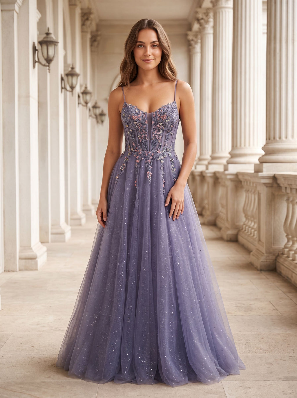 Purple Tulle A-Line V-Neck Backless Floor-Length Dress with Lace Bodice - Curvevia