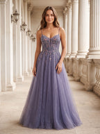 Purple Tulle A-Line V-Neck Backless Floor-Length Dress with Lace Bodice - Curvevia