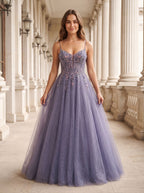 Purple Tulle A-Line V-Neck Backless Floor-Length Dress with Lace Bodice - Curvevia